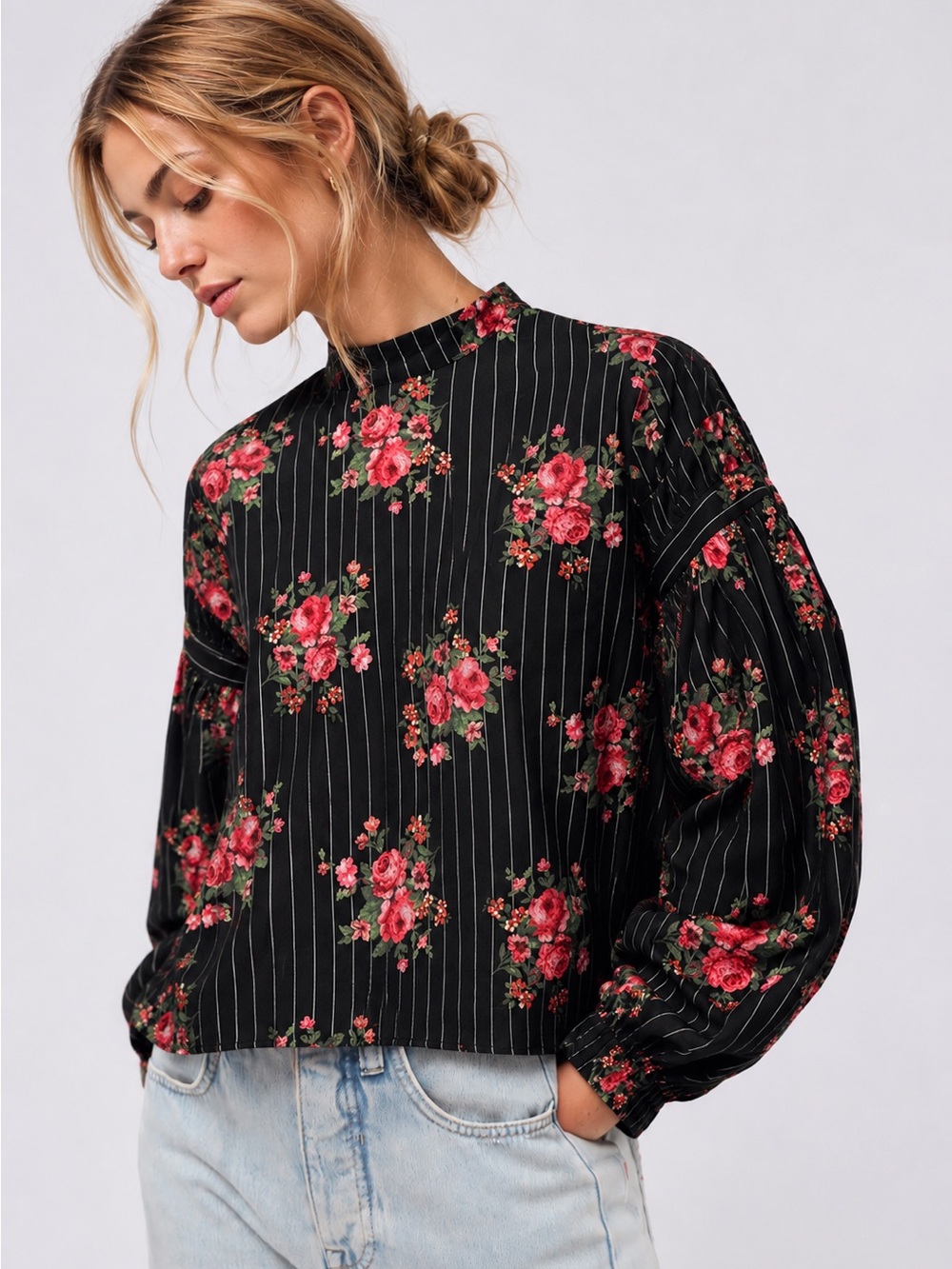 Puff Sleeve Rose Print Mock Neck Blouse Black Size M H&M